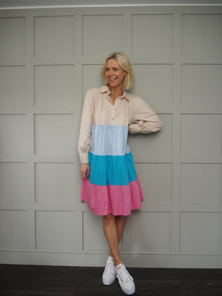 Lolita Long Sleeve Shirt Dress - Aqua/Light Blue/Pink/Stone Block Print