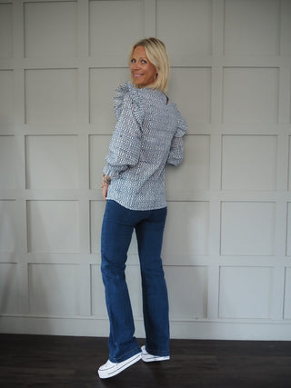 Moroccan Print Blouse with Ruffle and Pin-Tuck Detail - Blue