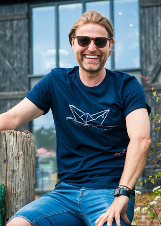 Men’s Origami Boat Organic Cotton T-Shirt - Navy Blue with Logo