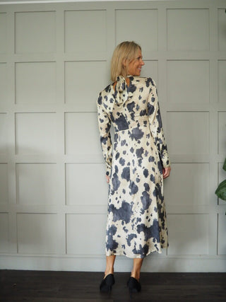 Asu High Neck and Tie Dress by Ottod’Ame - Oatmeal with Charcoal/Dark Navy Blue Print