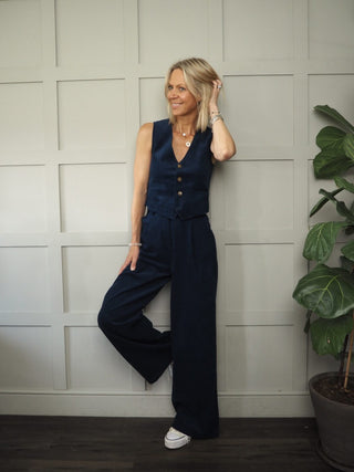 Philo Wide Leg Trousers by Frnch - Fine Cord in Marine Blue, Khaki and Linen Mix in Beige, Blue