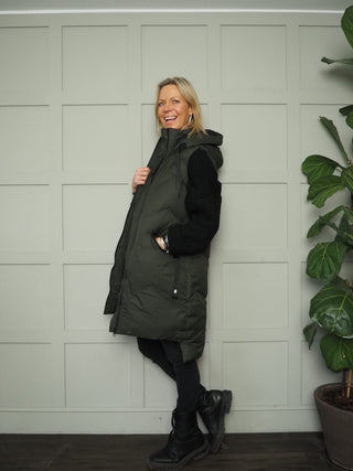 Longline Puffa Gilet with Zip Fastening &amp; Hood by Saint &amp; Sinner - Black, Khaki