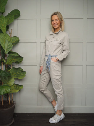 Bisous Long Sleeved Jumpsuit - Skinny-Fit with Stretch, Silver Button Detail &amp; Separate Blue Floral Belt - Stone