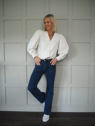 Pops V-Neck Blouse with Balloon Sleeves - Off White