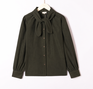 Evana Needlecord Blouse with Tie Collar Detail - Ecru, Khaki