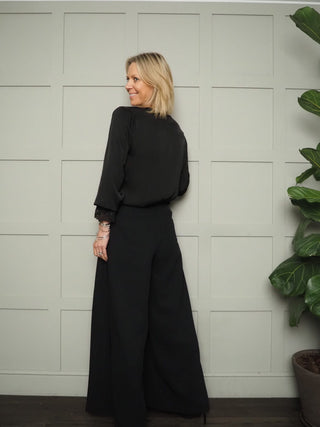 Neava Long Sleeve Lace Trimmed, Satin Feel Top - 11 Colours