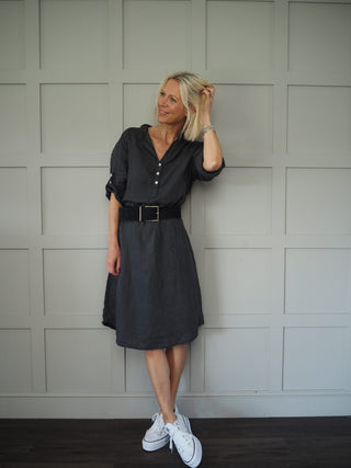 Farrah Leather and Suede Belt with Square Gold Metal Buckle - Black