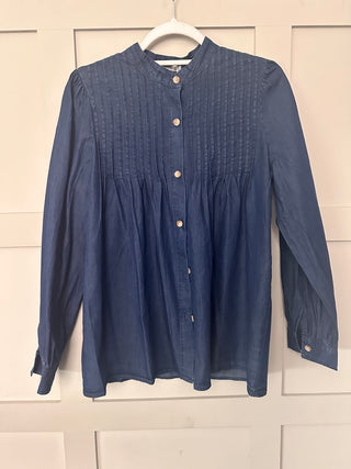 Onado Pleated Round Neck Shirt - Dark Denim