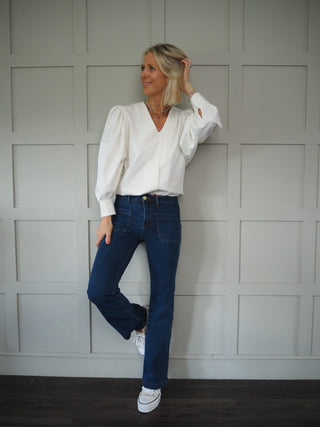 Pops V-Neck Blouse with Balloon Sleeves - Off White