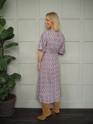 Ditzi Long Sleeved Floral Dress - Navy Blue/Pink/White