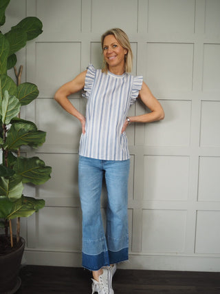 Grace Cap Sleeves Top - Blue/Off White Stripes