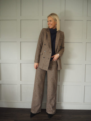 Elyn High Rise, Wide Leg Tweed Trousers with Front Pockets - Black/Brown/Camel