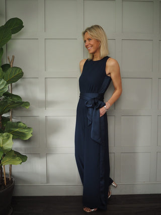 Palma Sleeveless Jumpsuit with High Round Neck, Silky-Feel Side Panel - Black, Champagne, Navy Blue, Red