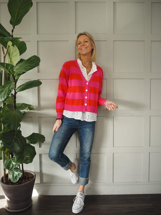 Simi Striped Cardigan with Button Fastenings - Camel/Off White