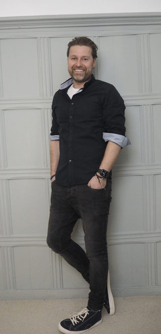 Men's Cotton Striped Collar and Cuff Shirt - Navy Blue