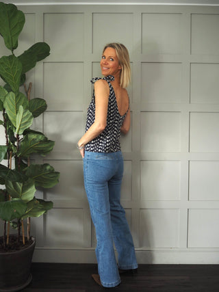 Rachida Floral Tie Shoulder Top - Navy Blue