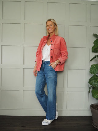 Mineral Corduroy Over-shirt Jacket, with High Neck Button-Up Collar &amp; Contrasting Button Fastening by Moss Copenhagen - Coral, Stone