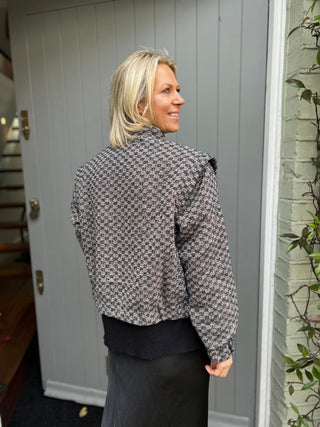 Carli Bomber Jacket with Front Zipper, Gold Popper Detail,  Lined &amp; ‘Drop Shoulder’ Feature - Navy and Gold