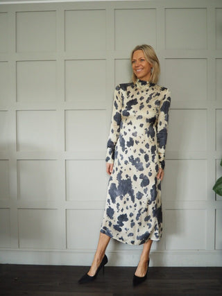 Asu High Neck and Tie Dress by Ottod’Ame - Oatmeal with Charcoal/Dark Navy Blue Print