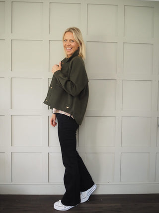 Camelia Cropped Jacket with Gold Popper Fastening &amp; Pocket Detail - Khaki