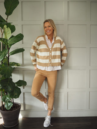 Simi Striped Cardigan with Button Fastenings - Camel/Off White