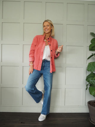 Mineral Corduroy Over-shirt Jacket, with High Neck Button-Up Collar &amp; Contrasting Button Fastening by Moss Copenhagen - Coral, Stone