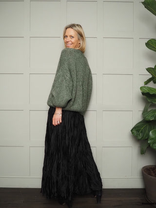 Houla Round Neck Jumper with Ribbing Detail - Black, Ecru and Khaki