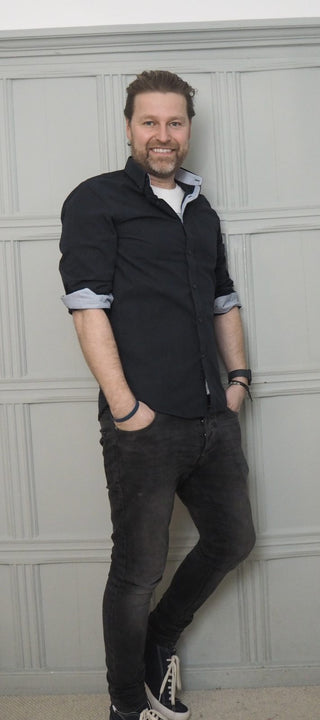 Men's Cotton Striped Collar and Cuff Shirt - Navy Blue