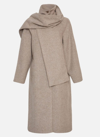 Chjosia Coat, Wool Blend, Lined With High Collar &amp; Detachable Scarf by Moss Copenhagen - Taupe