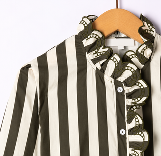 Westminster Stripe Blouse with Scalloped Detailed  - Khaki, Red