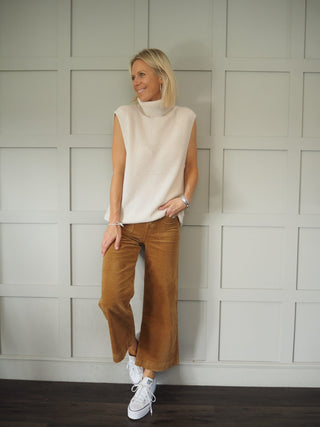 Atlanta Wide Leg, Cropped, Mid-Rise Corduroy Trousers - Camel