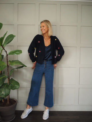 Cashmere Cardigan by Brodie - Navy Blue with Neon Star Embroidery