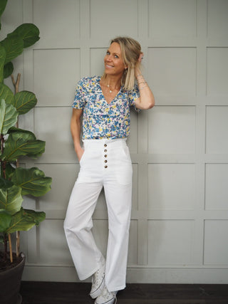 Fabrice V Neck Top - Blue Floral Design