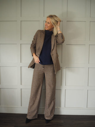 Elyn High Rise, Wide Leg Tweed Trousers with Front Pockets - Black/Brown/Camel