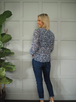 Dorothy Sheer V Neck Blouse - Navy/Off White