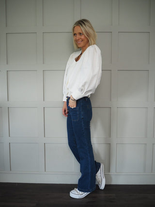 Pops V-Neck Blouse with Balloon Sleeves - Off White