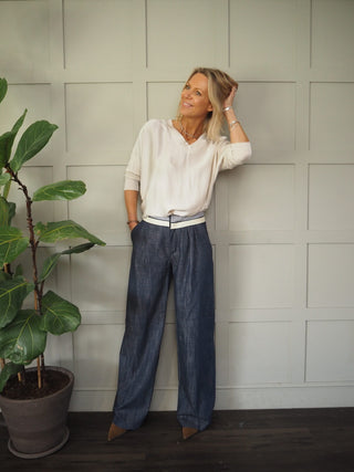 Wispa Cotton Wide Leg Trousers with Stripy &amp; Cream Waistband - Blue