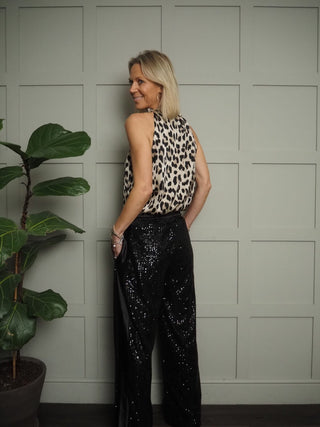 Zozo Sequin Trousers with Satin Side Stripe - Black