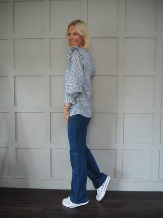 Moroccan Print Blouse with Ruffle and Pin-Tuck Detail - Blue