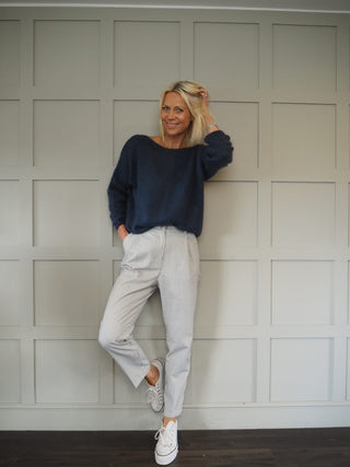 Lauren Cotton Trousers - Navy Blue/Off White Stripes