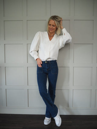 Pops V-Neck Blouse with Balloon Sleeves - Off White