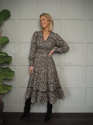 Caz V-Neck, Long Sleeved Dress with Tiered Skirt - Leopard Print