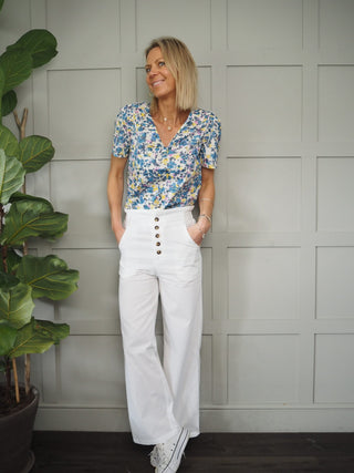 Fabrice V Neck Top - Blue Floral Design