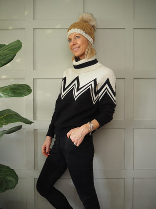 Andrea Pom Pom Hat - Off White with Camel Stripe