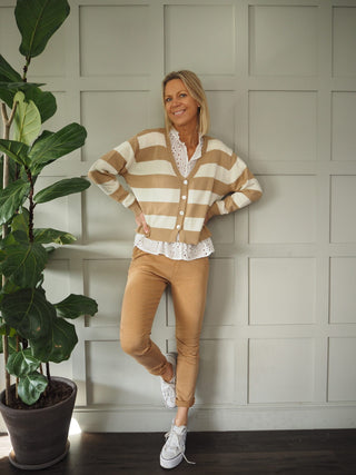 Simi Striped Cardigan with Button Fastenings - Camel/Off White