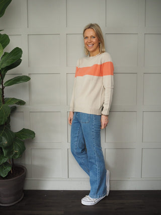 Belly Round Neck Cashmere Mix Jumper with Ribbed Detail - Oatmeal/Papaya Stripe