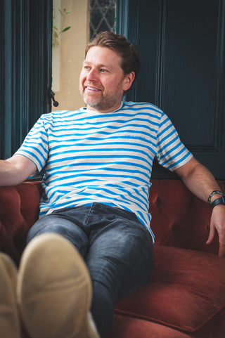 Men's Aingura Cotton T-Shirt by Loreak Mendian - Off White/Blue Striped with Logo