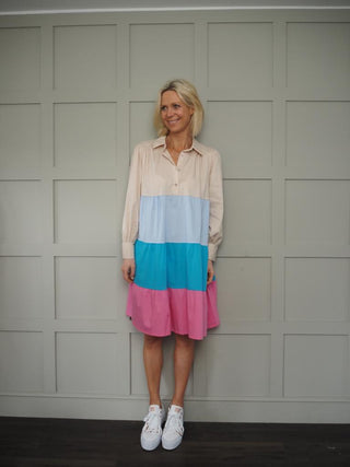 Lolita Long Sleeve Shirt Dress - Aqua/Light Blue/Pink/Stone Block Print