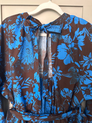 Nyx Long Sleeved Midi Dress with Front High Neck &amp; Back Cut Out Detail - Blue/Chocolate