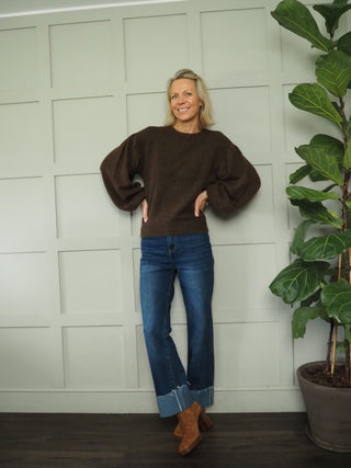 Hope Balloon Sleeve Round Neck Jumper by Moss Copenhagen - Black, Cocoa and Ecru